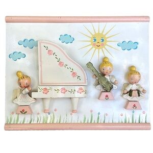 Vintage IRMI Wooden Musical Angels Wall Plaque Hand-Painted Nursery Decor Pink